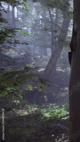 Wallpaper Mural Morning mist surrounds tall trees in a quiet forest. Sunlight filters through the branches, casting soft light on the ground. Leaves rustle gently in the breeze. Torontodigital.ca