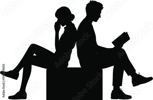 Silhouette of man reading book and woman thinking while sitting back to back, relationship conflict, communication problem, couple psychology concept isolated vector
