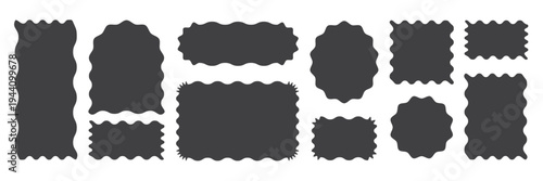 Set of frames with squiggly of wavy edges. Stamps with rectangle and circle shapes. Vector illustration.