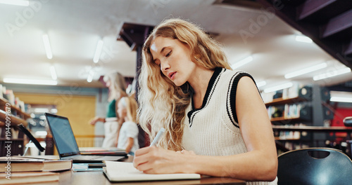 Obraz na plátně Woman, student and writing with book in library for studying, education or learning in school