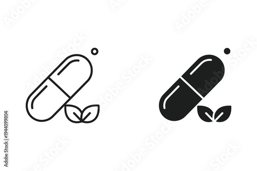 Natural Herbal Medicine Capsule Icon - Outline and Solid Healthcare Vector Graphic