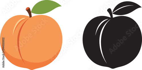 Set of peach fruit icons, colorful orange peach with green leaf and black silhouette isolated on white for organic food design