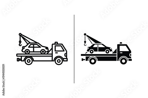 Tow Truck with Car Icon, Vehicle Breakdown and Roadside Assistance Symbol in Flat Design