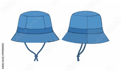 Kids Blue Bucket Hat Technical Flat Vector Sketch Front and Side View Sun Hat