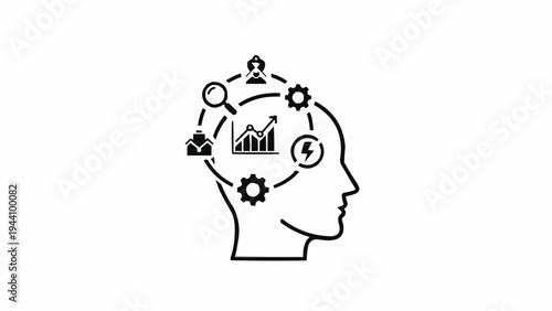 Thinking Brain with Gears and Icons.