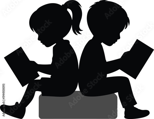 Boy and girl children silhouettes sitting back to back reading books, kids learning and education concept, childhood study cartoon vector illustration isolated