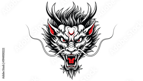 Mysterious and fierce tattoo-inspired demonic wolf face with striking red eyes Vector