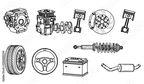 Car Parts Contour Vector Set Black and White Automotive Line Art Collection