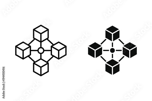 Blockchain network nodes, interconnected cubes representing decentralized data blocks and technology.