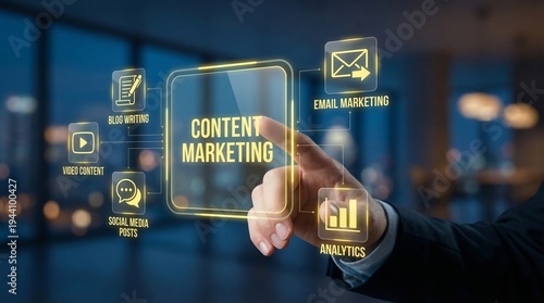 A businessman interacting with a digital content marketing interface in a modern office at night