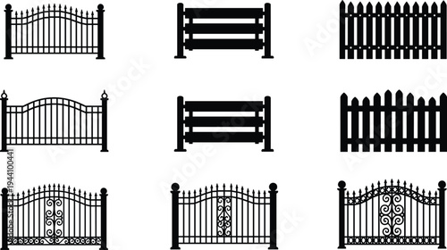 Set of Decorative Garden Fence Silhouettes Including Wrought Iron Gates Vinyl Picket Panels Wooden Railing Designs and Ornamental Metal Security Borders for Exterior Landscaping Projects