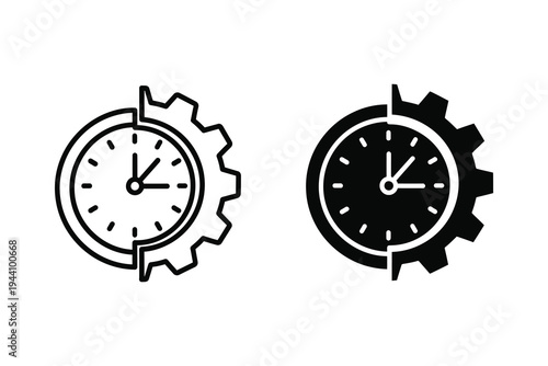 Time and Gear Icon Fusion: Outline and Solid Black for Efficiency and Process