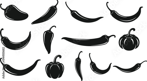 Set of black chili pepper icons, spicy vegetable silhouettes including jalapeno, habanero, bell peppers and cayenne for cooking and spice design