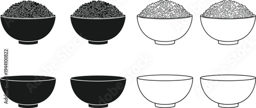 Vector illustration of black and white rice bowls set, featuring full grain bowls and empty bowls for food menu design.
