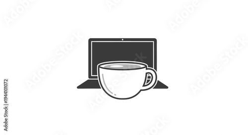 Coffee Cup in Front of Laptop Computer.