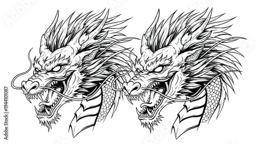 Intricate black and white illustration of abstract intertwining dragon-like creatures Vector