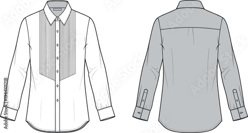 Men's formal tuxedo dress shirt technical sketch, pleated bib front detail, long sleeve button down, cad drawing flat vector illustration, apparel.