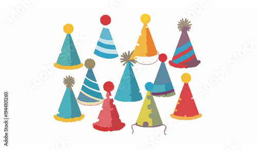 Festive Birthday Party Hat Set Colorful Celebration Cone Hats Vector Illustration