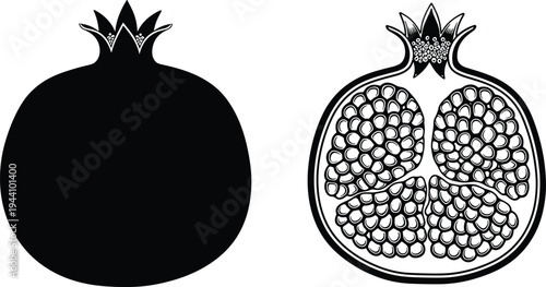 Pomegranate fruit vector illustration set with black silhouette and detailed cross section line art isolated on white for healthy food.