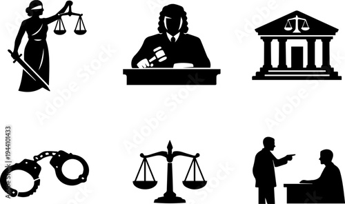 Law justice court legal silhouette icons