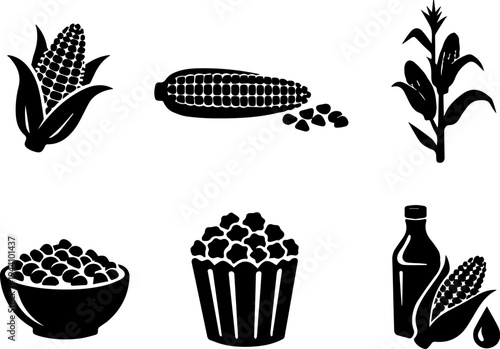 Corn agriculture farming maize silhouette icons. Vector