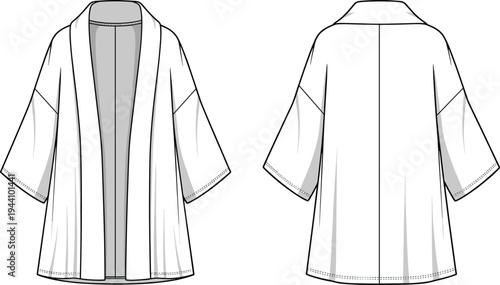 Women's kimono cardigan technical sketch, oversized open front jacket, fashion flat template, dropped shoulder robe, cad drawing flat vector illustration, outerwear.