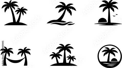Tropical island palm beach silhouette icons