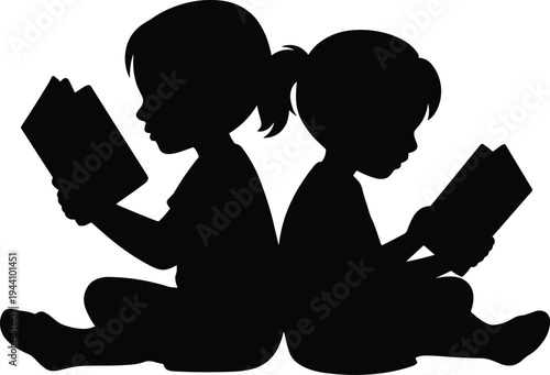 Two children sitting back to back reading books silhouettes, kids learning and studying concept, childhood education and literacy cartoon vector illustration isolated