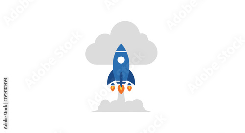 Blue Cartoon Rocket Ship Launching High.