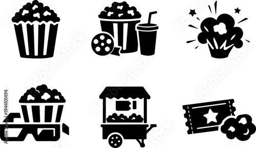 Popcorn cinema snack entertainment silhouette icons. Vector