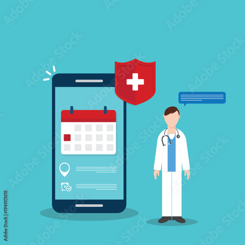 Telemedicine Doctor Appointment Mobile App Interface with Healthcare Protection Shield, Online Medical Consultation, Hospital Booking Calendar on Smartphone Vector Illustration