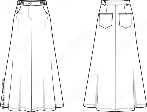 Women's denim maxi skirt technical flat fashion sketch vector illustration with pockets, belt loops, front and back views, cad drawing flat vector illustration.