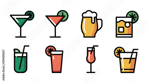 Colorful cocktail and beer icons with lime slices and straws on white background for drinks and beverages