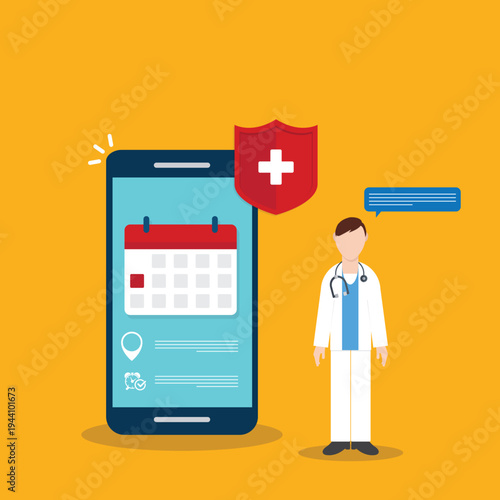 Telemedicine Doctor Appointment Mobile App Interface with Healthcare Protection Shield, Online Medical Consultation, Hospital Booking Calendar on Smartphone Vector Illustration