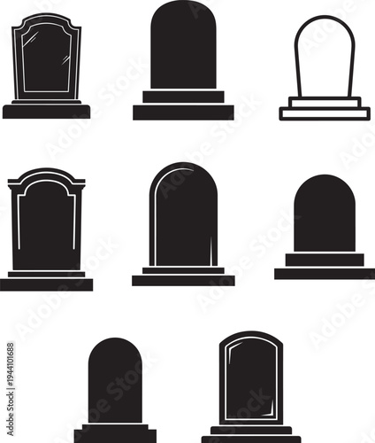 Set of 8 tombstone icons vector, black and white