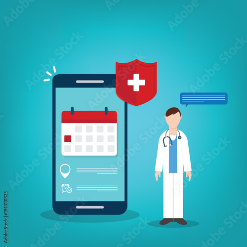 Telemedicine Doctor Appointment Mobile App Interface with Healthcare Protection Shield, Online Medical Consultation, Hospital Booking Calendar on Smartphone Vector Illustration
