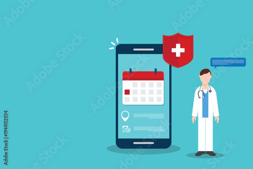 Telemedicine Doctor Appointment Mobile App Interface with Healthcare Protection Shield, Online Medical Consultation, Hospital Booking Calendar on Smartphone Vector Illustration