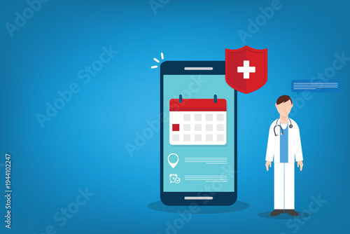 Telemedicine Doctor Appointment Mobile App Interface with Healthcare Protection Shield, Online Medical Consultation, Hospital Booking Calendar on Smartphone Vector Illustration