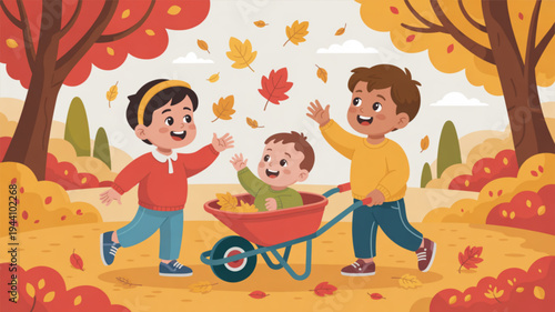 Three children playing with autumn leaves in a park with a wheelbarrow on a sunny fall day