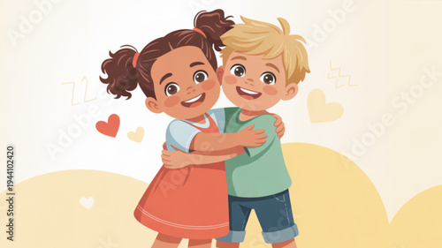 Two happy children hugging each other with hearts around them in a cute illustration