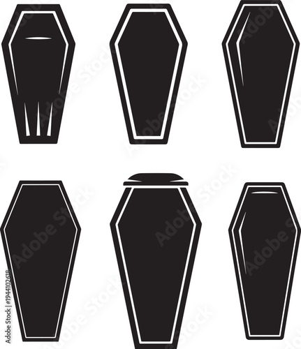 Set of 6 black coffin icons vector