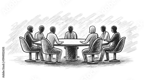 Business meeting and team discussion illustration with professionals sitting around conference table