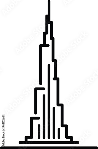 Abstract minimalist line art representation of a modern skyscraper reaching for the sky with stepped levels