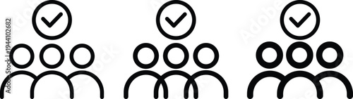 Simple line art icons representing groups of people with checkmarks above them signifying agreement or approval in a business context