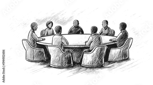 Business meeting and team discussion illustration with professionals sitting around conference table