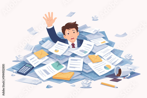 Overwhelmed businessman drowning in a massive pile of paperwork, bills, and documents, reaching out for help, flat vector illustration of work overload, financial stress, bureaucracy, and burnout.