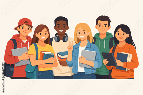 Diverse Group of Happy Students Standing Together Holding Books and Tablets, Multiracial Teenagers Smiling for Portrait, Flat Vector Illustration of College Friends for Education and Learning.