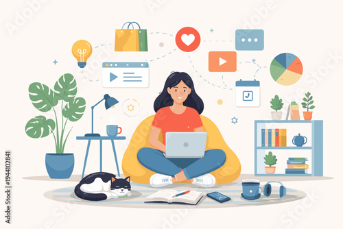 Flat vector illustration of a woman working on a laptop while sitting on a beanbag chair at home with a cat, surrounded by digital icons for social media, shopping, ideas, and online business.