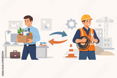 Career change concept vector illustration showing a man transitioning from a white-collar office job to a blue-collar construction role, featuring a sad office worker and a happy technician.