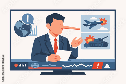 News anchor with a long liar nose reporting fake news on a television screen. Illustration of media manipulation, propaganda, and disinformation featuring war imagery and global news graphics.